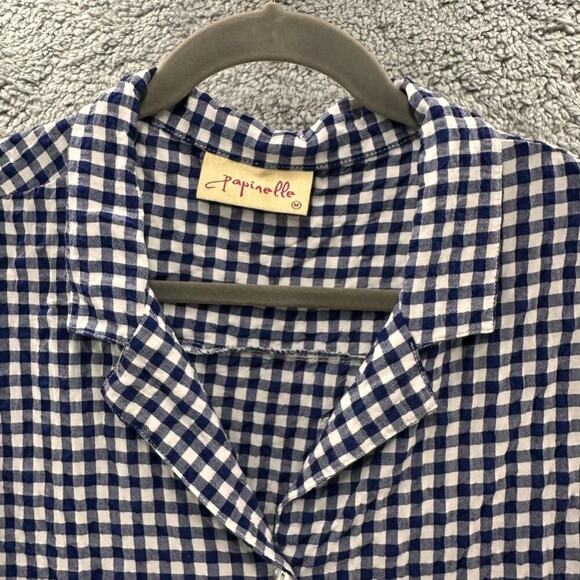 Papinelle Women's Medium Crop Top Button Up Short Sleeves Blue White Checkered - Picture 4 of 9